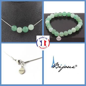 Parure bijoux Bracelet Collier 4 Perles Aventurine 8 mm. Chaine en acier inoxydable.