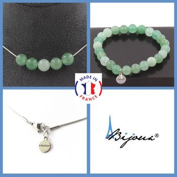 Parure bijoux Bracelet Collier 5 Perles Aventurine 8 mm. Chaine en acier inoxydable.