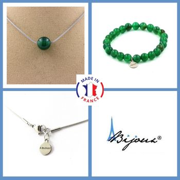 Parure bijoux Bracelet Collier 1 Perle Agate verte 8 mm. Chaine en acier inoxydable.