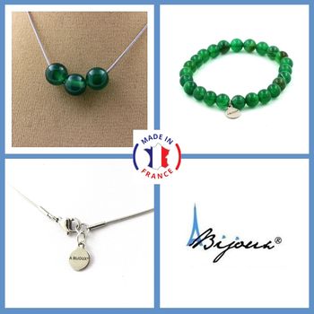 Parure bijoux Bracelet Collier 3 Perles Agate verte 8 mm. Chaine en acier inoxydable.