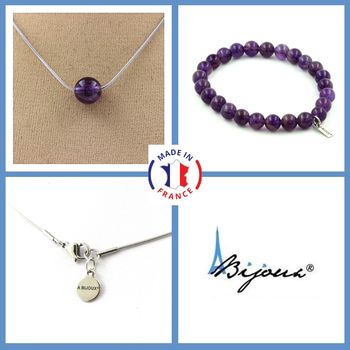 Parure bijoux Bracelet Collier 1 Perle Améthyste 8 mm. Chaine en acier inoxydable.