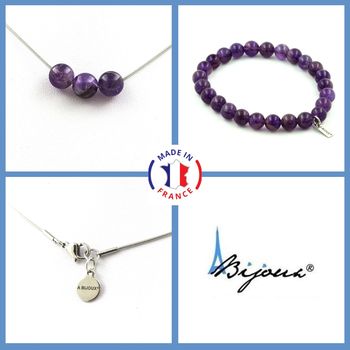 Parure bijoux Bracelet Collier 3 Perles Améthyste 8 mm. Chaine en acier inoxydable.