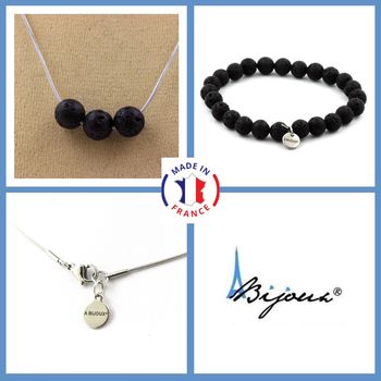Parure bijoux Bracelet Collier 3 Perles Lave 8 mm. Chaine en acier inoxydable.