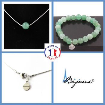 Parure bijoux Bracelet Collier 1 Perle Aventurine 8 mm. Chaine en acier inoxydable.