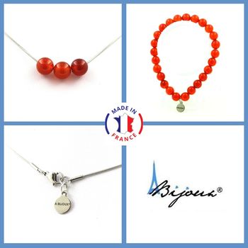 Jewelry set Bracelet Necklace Carnelian from Uruguay 3 Beads 8 mm. Stainless steel chain.