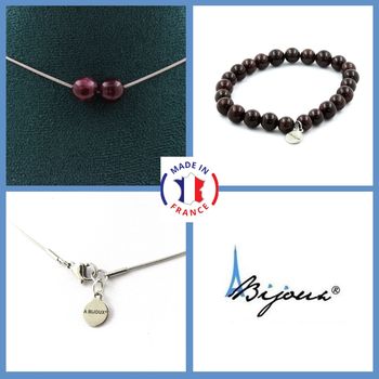 Parure bijoux Bracelet Collier 2 Perles Grenat 8 mm. Chaine en acier inoxydable.