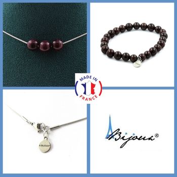 Parure bijoux Bracelet Collier 3 Perles Grenat 8 mm. Chaine en acier inoxydable.
