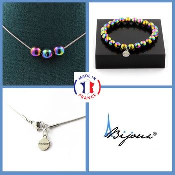 Jewelry set Bracelet Necklace Multicolored hematite 3 Beads 8 mm. Stainless steel chain.