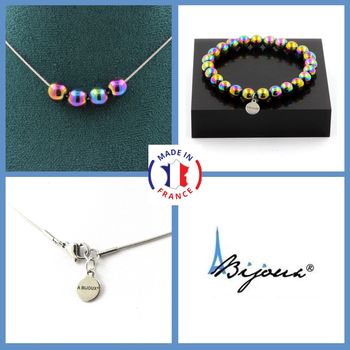 Jewelry set Bracelet Necklace Multicolored hematite 4 Beads 8 mm. Stainless steel chain.