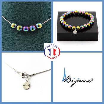 Jewelry set Bracelet Necklace Multicolored hematite 5 Beads 8 mm. Stainless steel chain.