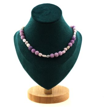 Kunzite from Brazil + Matte purple mica 8 mm beads necklace. Stainless steel chain