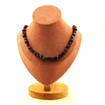 Chrysocolla from the USA + Fuchsia Tiger's Eye 8 mm beads necklace. Stainless steel chain