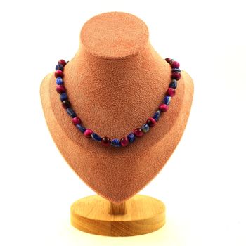Lapis Lazuli from Pakistan + Fuchsia Tiger's Eye 8 mm beads necklace. Stainless steel chain
