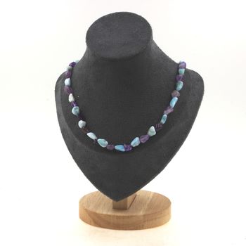 Larimar from Dominican Republic + Amethyst from Brazil beads necklace. Stainless steel chain