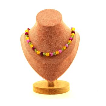 Collier perles Péridot de Myanmar (Birmanie) + Agate jaune + Agate craquelé Fuchsia 8 mm Chaine en acier inoxydable