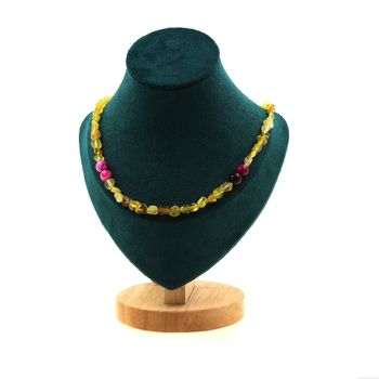 Collier perles Agate craquelé Fuchsia 8 mm + Opale jaune d'Australie Chaine en acier inoxydable