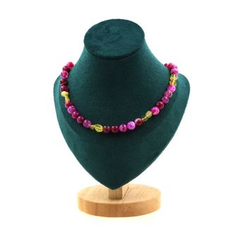 Collier perles Agate craquelé Fuchsia 8 mm + Opale jaune d'Australie Chaine en acier inoxydable