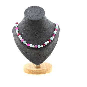 Collier perles Pierre de lune d'Inde + Angélite + Agate craquelé Fuchsia 8 mm Chaine en acier inoxydable