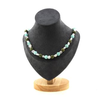 Moonstone from India + Angelite + Serpentine 8 mm beads necklace. Stainless steel chain