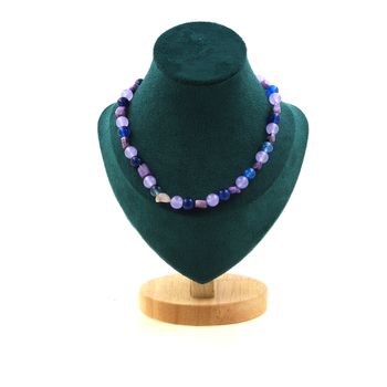 Collier perles Charoite de Russie + Calcédoine lavande + Agate rubanée bleu 8 mm Chaine en acier inoxydable