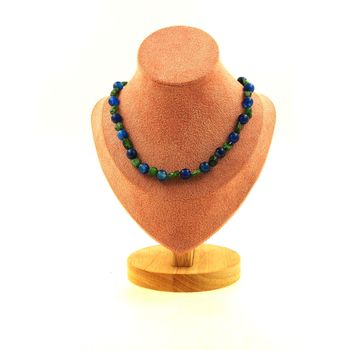 Collier perles Diopside du Brésil + Agate rubanée bleu 8 mm Chaine en acier inoxydable