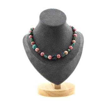 Collier perles Chrysocolle des USA + Rhodonite 8 mm Chaine en acier inoxydable