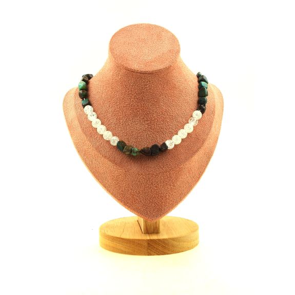 Chrysocolla from USA + Cracked Quartz from Brazil 8 mm beads necklace. Stainless steel chain