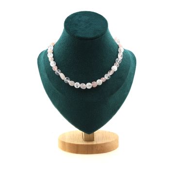 Collier perles Quartz rose du Brésil + Quartz craquelé du Brésil 8 mm Chaine en acier inoxydable