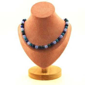 Collier perles Lapis Lazuli + Aigue-Marine + Apatite 8 mm Chaine en acier inoxydable