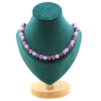 Collier perles Lépidolite + Calcédoine lavande + Mica violet mat 8 mm Chaine en acier inoxydable