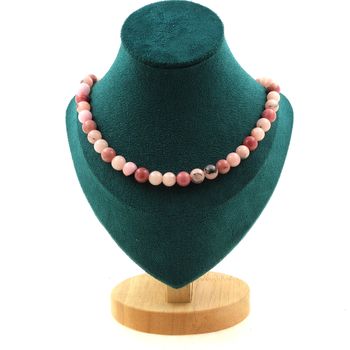 Pink Opal + Rhodonite 8 mm beads necklace. Stainless steel chain