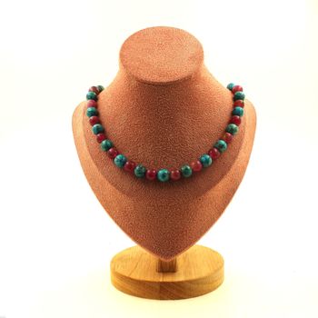 Collier perles Turquoise d'Afrique du Sud + Tourmaline bicolore 8 mm Chaine en acier inoxydable