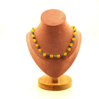 Collier perles Cyanite bleu du Brésil + Agate jaune 8 mm Chaine en acier inoxydable