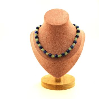 Collier perles Cyanite verte du Brésil + Lapis Lazuli 8 mm Chaine en acier inoxydable