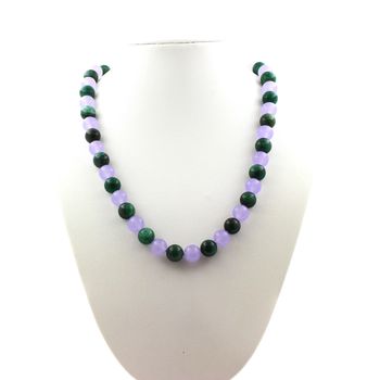 Green Mica from Tanzania + Lavender Chalcedony 8 mm beads necklace. Stainless steel chain