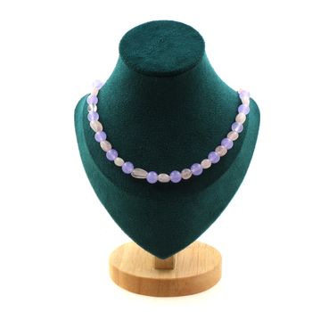 Collier perles Quartz rose du Brésil + Calcédoine lavande 8 mm Chaine en acier inoxydable