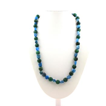 Blue Apatite from Brazil + green Mica from Tanzania 8 mm beads necklace. Stainless steel chain