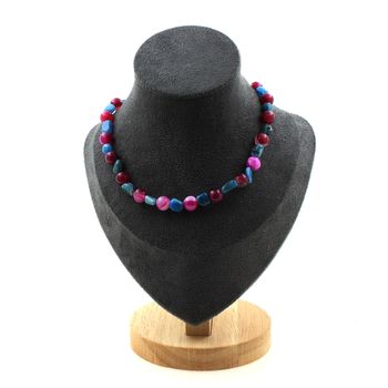 Collier perles Apatite bleu du Brésil + Agate craquelé Fuchsia 8 mm Chaine en acier inoxydable