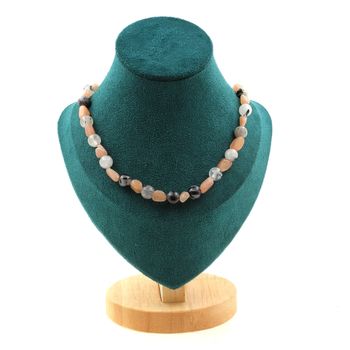 Collier perles Pierre de soleil de Tanzanie + Quartz rutile noir 8 mm Chaine en acier inoxydable