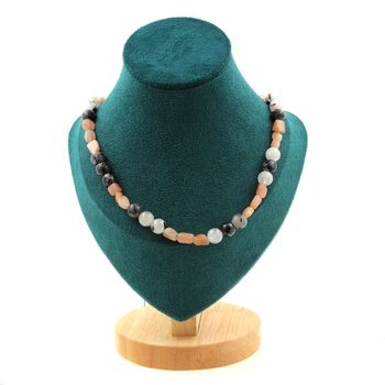 Collier perles Quartz rutile noir 8 mm + Pierre de soleil de Tanzanie Chaine en acier inoxydable