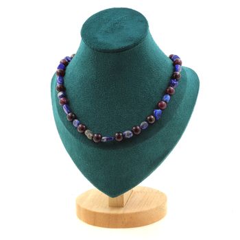 Collier perles Lapis Lazuli du Pakistan + Grenat 8 mm Chaine en acier inoxydable