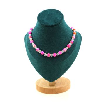 Collier perles Pierre de lune d'Inde + Jaspe rose jaune 8 mm Chaine en acier inoxydable