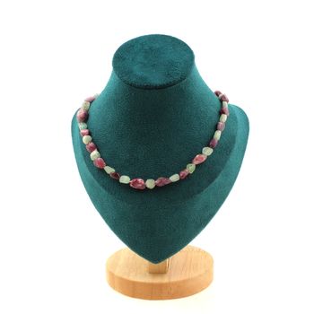 Green Kyanite from Brazil + Rubellite Tourmaline from Brazil beads necklace. Stainless steel chain