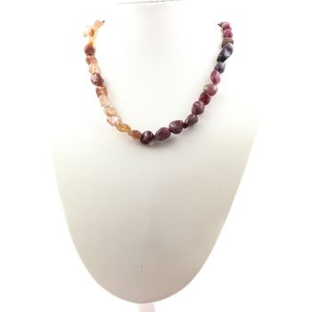 Collier perles Tourmaline Rubellite du Brésil + Quartz rutile rouge du Brésil Chaine en acier inoxydable