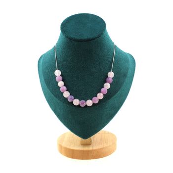 Collier 15 perles Mica violet mat + Quartz rose 8 mm Chaine en acier inoxydable