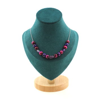 Amethyst from Brazil + Fuchsia Tiger's Eye + Purple Tiger's Eye 8 mm 15 beads necklace. Stainless steel chain