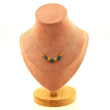 Blue apatite from Brazil + Genuine Baltic Sea Amber 7 beads necklace. Stainless steel chain