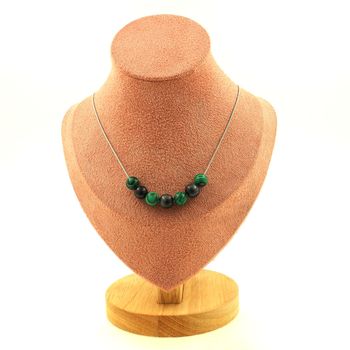 Hawk's Eye + Malachite 7 beads 8 mm necklace. Stainless steel chain