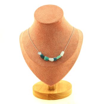 Aquamarine from Brazil + Amazonite from Brazil + Blue Apatite from Brazil 7 beads necklace. Stainless steel chain