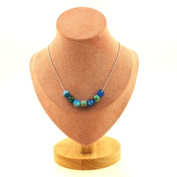 Chrysocolla from Namibia quality 7A + Blue banded Agate 8 mm 7 beads necklace. Stainless steel chain